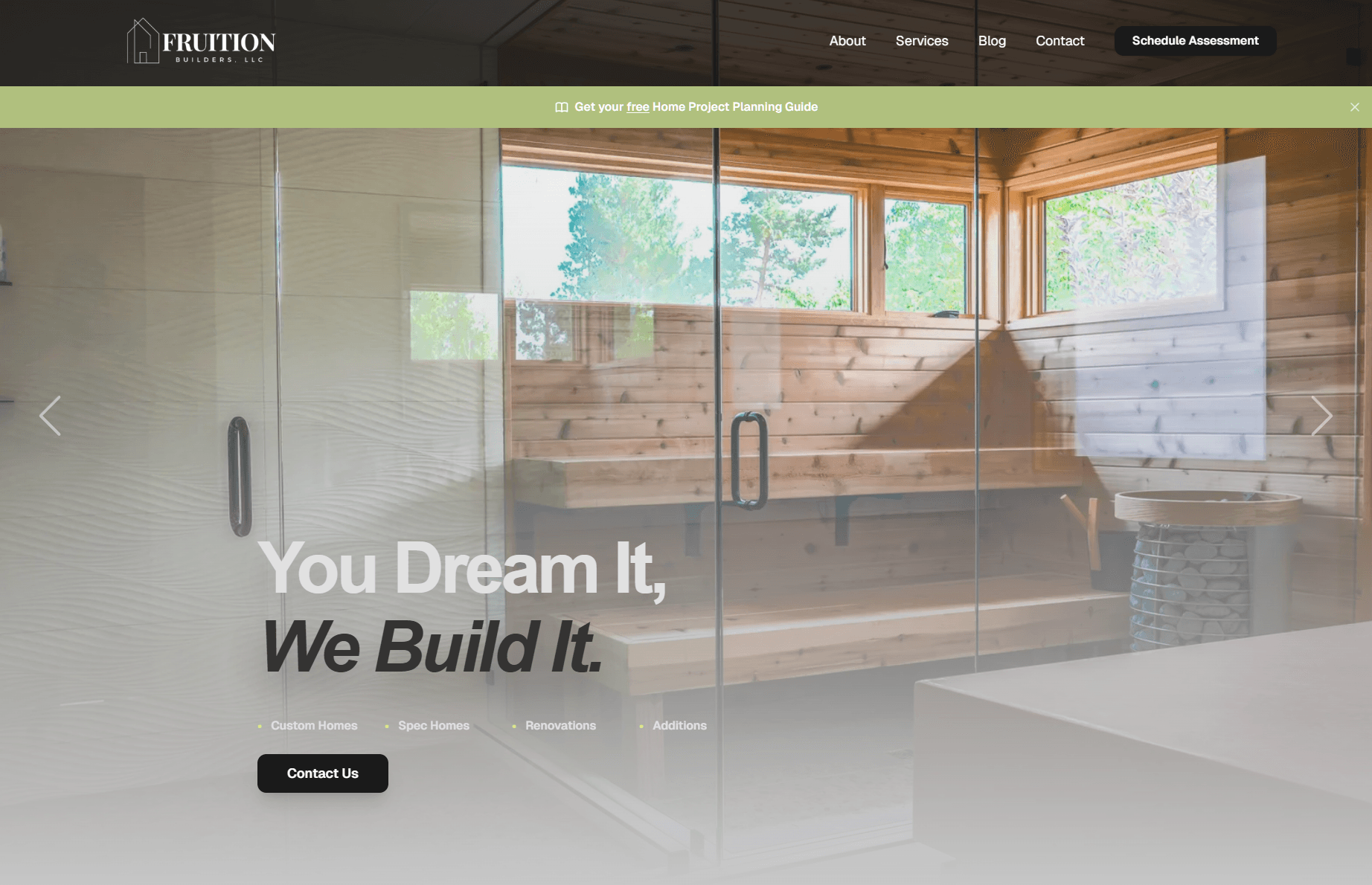 Fruition Builders website — Utah custom home builder site showing beautiful interior photography, built by AO WebDev